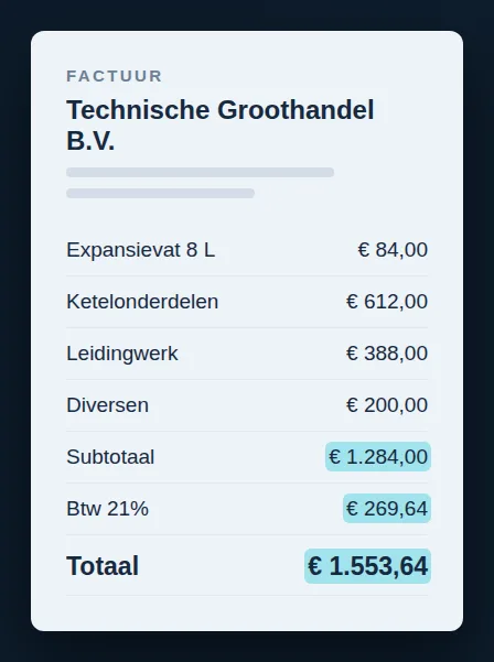 Een factuur van een groothandel waarvan de regels, het subtotaal en de btw zijn uitgelezen en nagerekend
