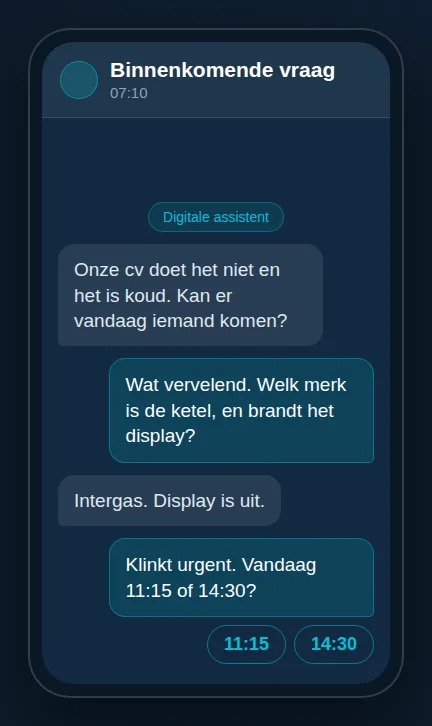 Telefoonscherm met een WhatsApp-gesprek waarin een digitale assistent doorvraagt over een storing en twee afspraaktijden voorstelt